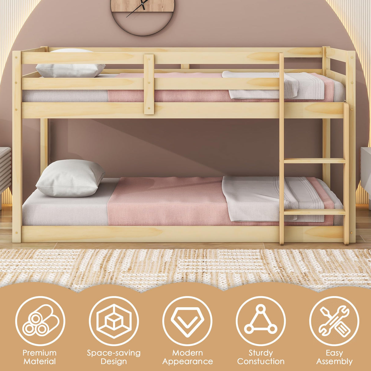 LUKEEHOM Twin Over Twin Low Profile Bunk Bed with Ladder - Ideal for Kids' Rooms LUKEEHOM