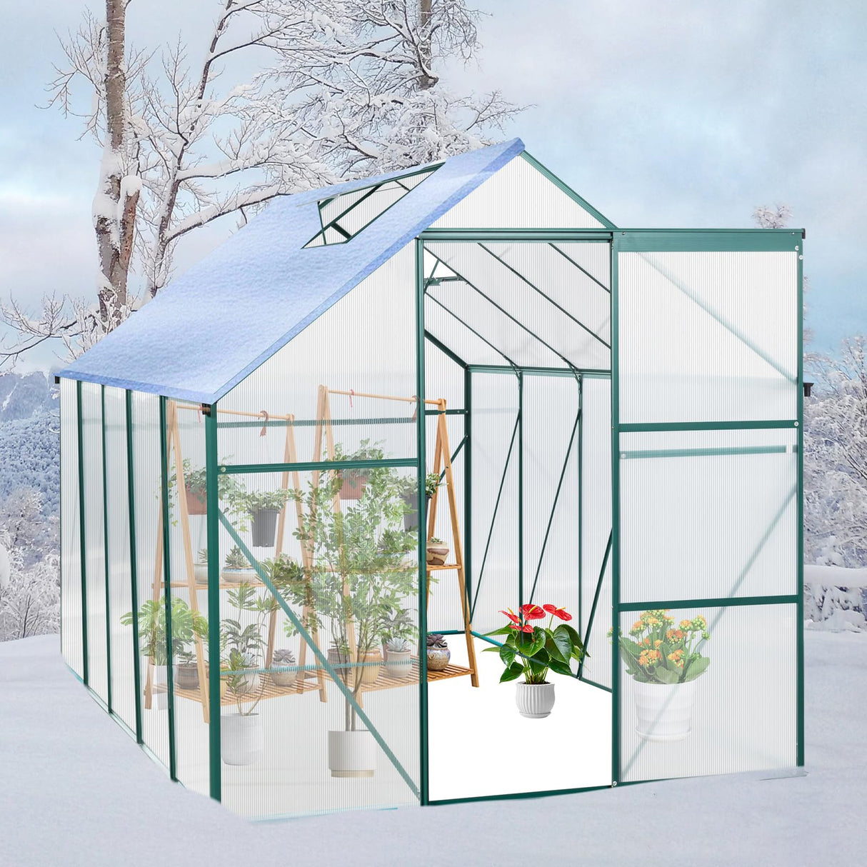 6X10 FT Polycarbonate Greenhouse with Quick Setup Structure, Walk-in Hobby Greenhouse Storage Shed with Sliding Doors and Roof Vent, Sunroom Aluminum Hot House for Outdoor Garden Backyard, Green Yayzy
