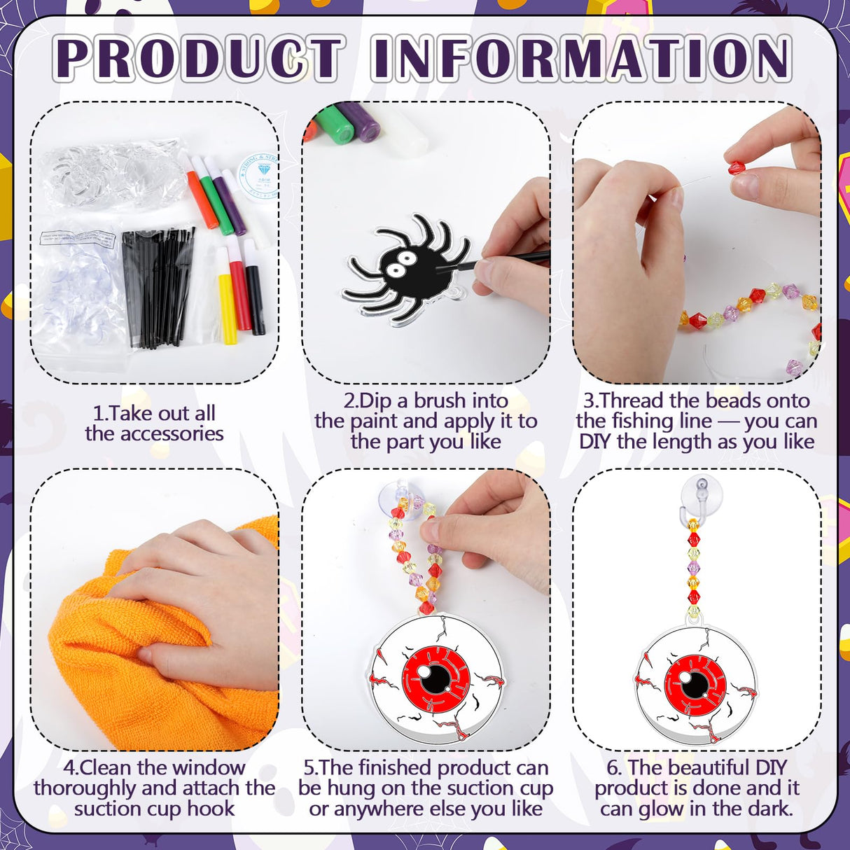 Sonwyoung 30 Sets Halloween Suncatchers Craft Kits, DIY Glow in The Dark Ghost Spider Cat Pumkin Suncatcher Kits Stained Glass Window Paint Art for Classroom Party Activities Art Craft Party Favors Sonwyoung