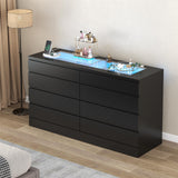 Gyfimoie 8 Drawer Dresser with Power Outlet, Modern Chest of Drawers with LED Light & Glass Top, Wood Double Dresser TV Stand with Organizer Storage for Bedroom, Living Room, Closet (Black) Gyfimoie