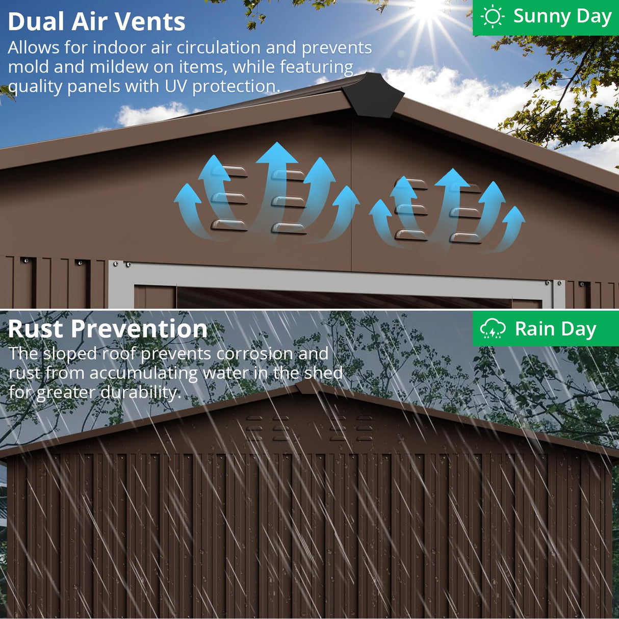 Acekool 8x10 FT Outdoor Metal Storage Shed, Large Garden Tool Shed with Lockable Door and Vents, Waterproof Galvanized Metal Sheds for Tools & Equipment, Garbage Can, Bike, Mower, Brown Acekool