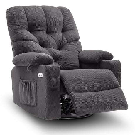 MCombo Electric Power Swivel Glider Rocker Recliner Chair with Cup Holders for Nursery, Hand Remote Control, USB Ports, 2 Side & Front Pockets, Plush Fabric 7797 (Grey) MCombo