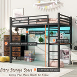 FULLJOJOR Loft Bed Twin Size with Desk, 8 Storage Drawers, Power Outlet, LED Metal Loft Bed with Storage Shelve, Bed with Safety Guardrail & Ladders,Space-Saving,Black FULLJOJOR