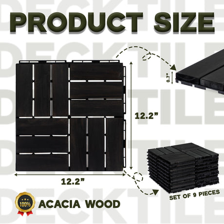 VICTORY RELAX Acacia Wood Flooring Interlocking Deck Tiles for Patio Decor 9 Pcs 12 Slats VR Black - Waterproof Indoor & Outdoor Decor - Balcony Garden Decking Tile (12.2 * 12.2 * 0.7 inches) VICTORY RELAX