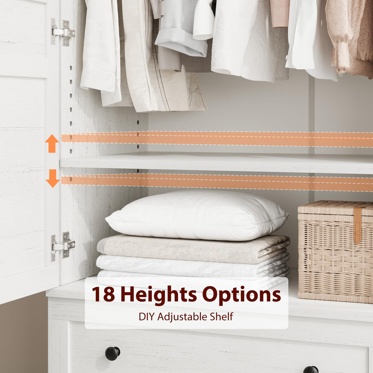 GarveeHome Armoire Wardrobe Closet with 2 Drawers,72 in Wooden Wardrobe Cabinet with Hanging Rod, Tall Clothing Armoire Cabinet with Doors and 18 Adjustable Shelves for Bedroom, Clothes, Rustic White GarveeHome