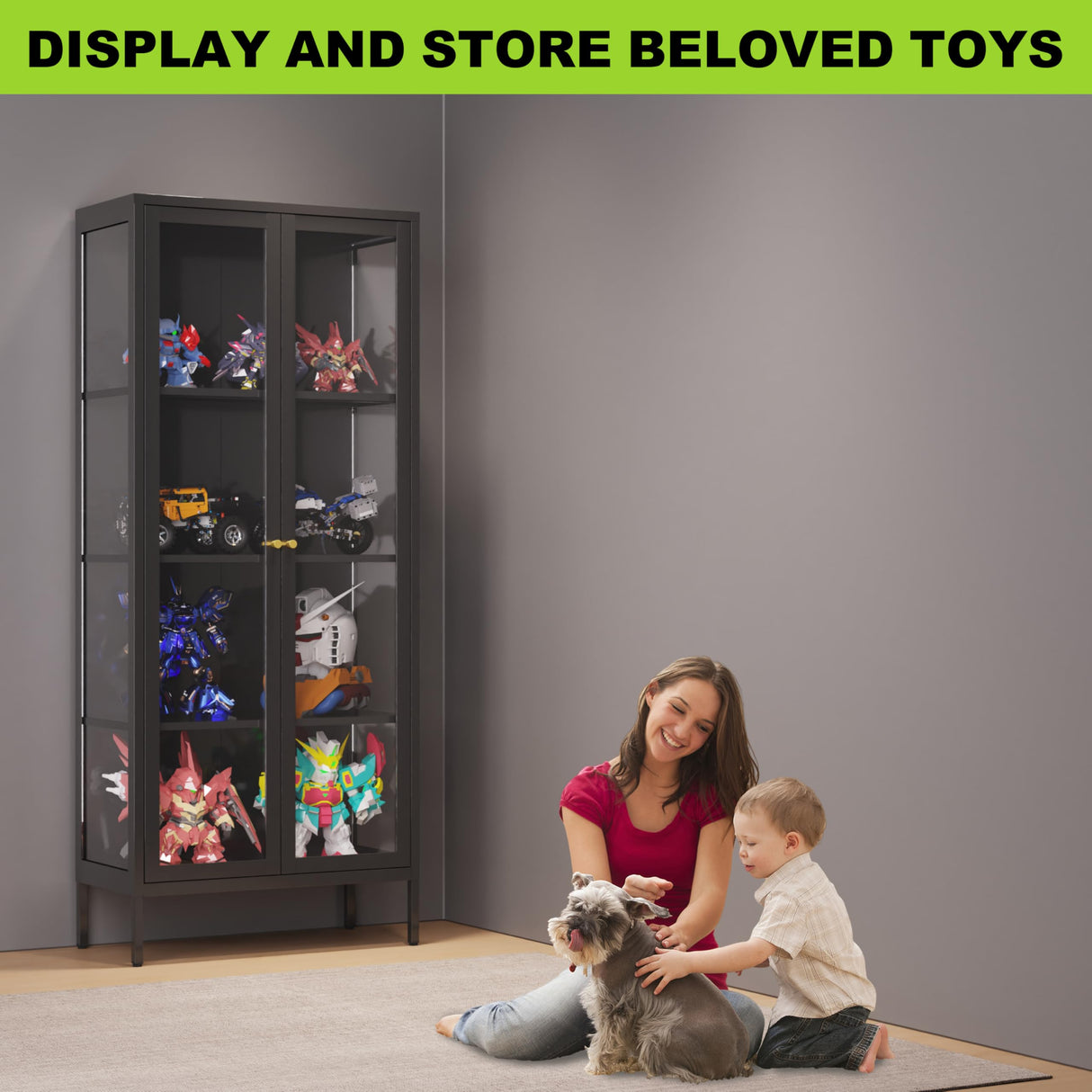 UNICOLY Glass Display Cabinet 4-Tier, Display Cabinet with Glass Doors, Curio Display Cabinet with Tempered Glass Doors,Metal Storage Cabinets for Living Room, Plant, Assembly Required, Black UNICOLY