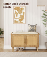 Akxomel Natural Rattan Shoe Storage Bench with Cushion, Entryway Shoe Cabinet Bench with 2 Doors, 15"D x 31.5"W x 20"H, Wooden Shoe Organizer, Adjustable Shelf, Solid Wood Legs, for Hallway, Bedroom Akxomel
