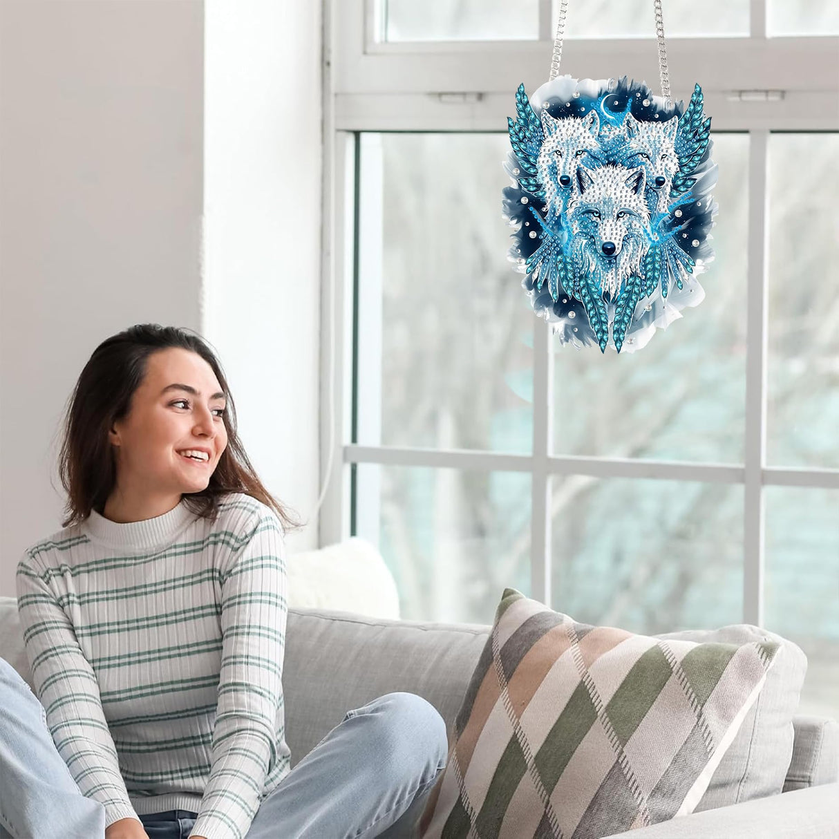 Yomiie Wolves Sun Catcher Window Hanging - DIY Double Sided Animals Diamond Painting Pendant Kits for Adults, Acrylic Diamonds Art Ornament for Indoor/Outdoor Garden Home Decoration (8x8 inch) Yomiie