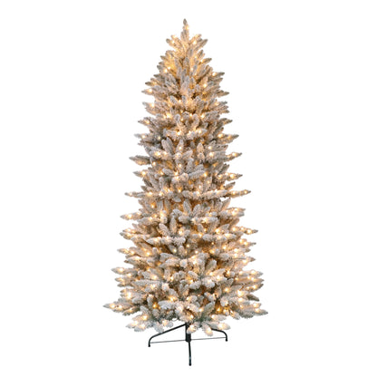 Puleo International 7.5 Foot Pre-Lit Slim Flocked Fraser Fir Artificial Christmas Tree with 500 UL Listed Clear Lights