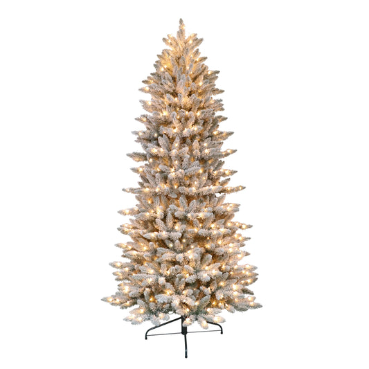 Puleo International 7.5 Foot Pre-Lit Slim Flocked Fraser Fir Artificial Christmas Tree with 500 UL Listed Clear Lights