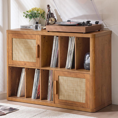 LEYAOYAO Large Record Player Stand with Vinyl Storage Up to 450 Albums, Wood Rattan Boho Record Storage Accent Cabinet, Modern Stereo Media Cabinets, Wide Turntable Stand for Living Room, Tea Brown