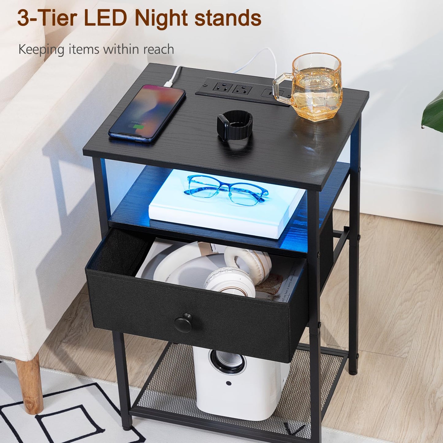 LOAKEKEL Night Stand Set 2, LED Nightstand with Charging Station, End Tables with Fabric Drawer for Small Spaces, Bedside Table with Storage Shelf for Bedroom, Black, HETS01BK - WoodArtSupply