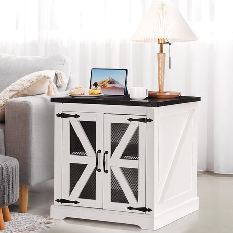 Decofy Farmhouse End Table with Storage Cabinet, 24" Large Sofa Side Table, Industrial Farmhouse Side Table for Living Room, Square Top with Power Outlet, Adjustable Shelves(White) Decofy