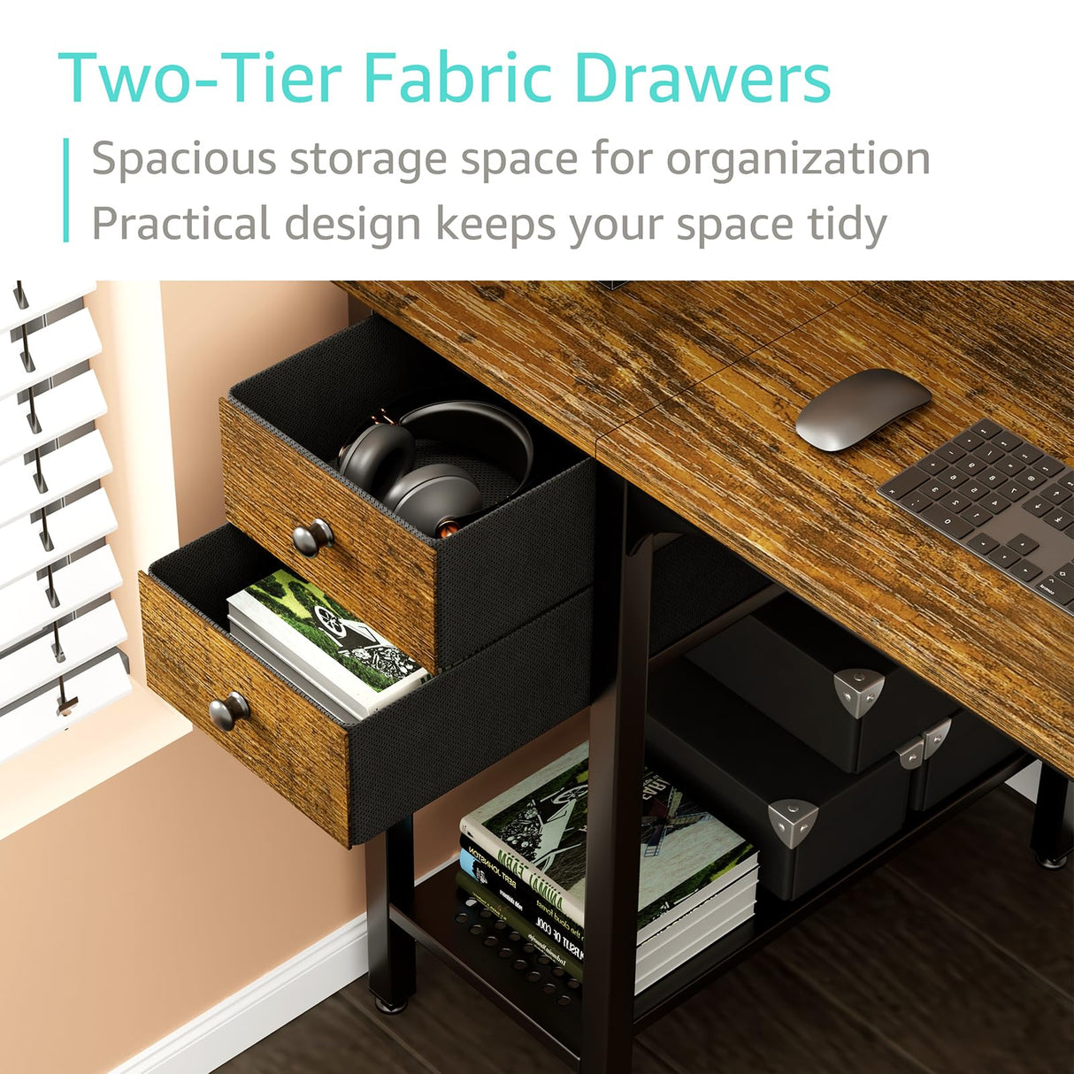 Lufeiya Computer Desk with Drawers - 40 Inch Work Small Desk for Bedroom Home Office, Simple Study Writing Table PC Desks with Drawer Storage Shelves, Rustic Brown Lufeiya