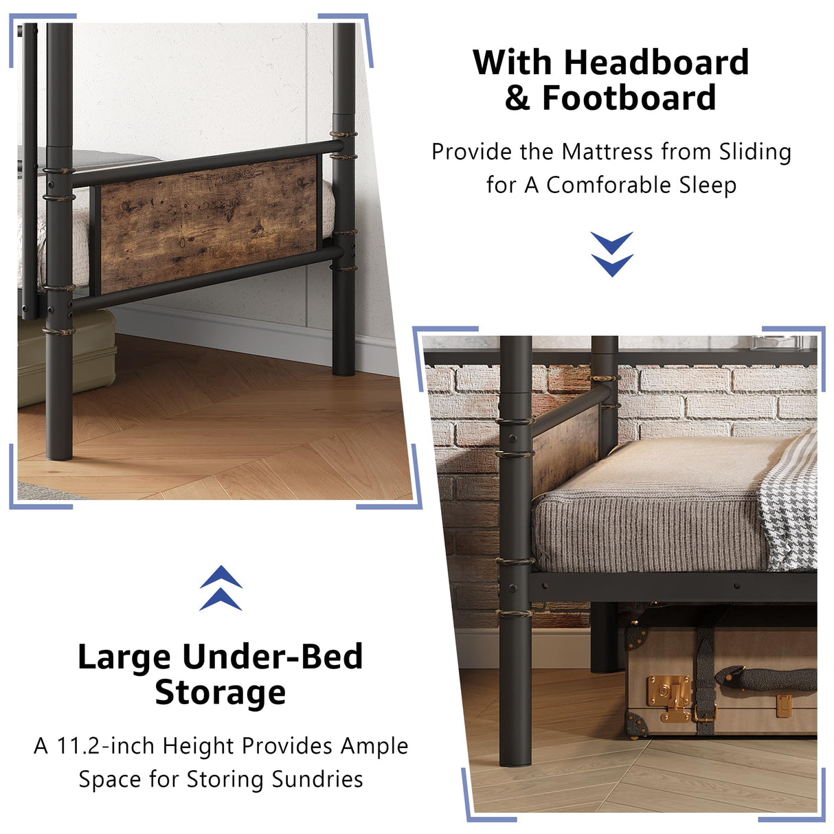 Bunk Bed Twin Over Twin, Heavy Duty Metal Bunkbeds with Ladder and Full-Length Guardrail, Convertible into 2 Individual Beds for Kids, Teens and Adults, Under-Bed Storage Space, Vintage Brown Jocoevol