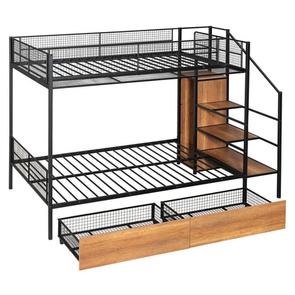 Twin Over Full Metal Bunk Bed with Stairs, Wardrobe and Storage Drawers and Shelves, Modern Style Heavy-Duty Steel Frame Bunk Bed with Safety Rail, for Bedroom, Dorm, Black