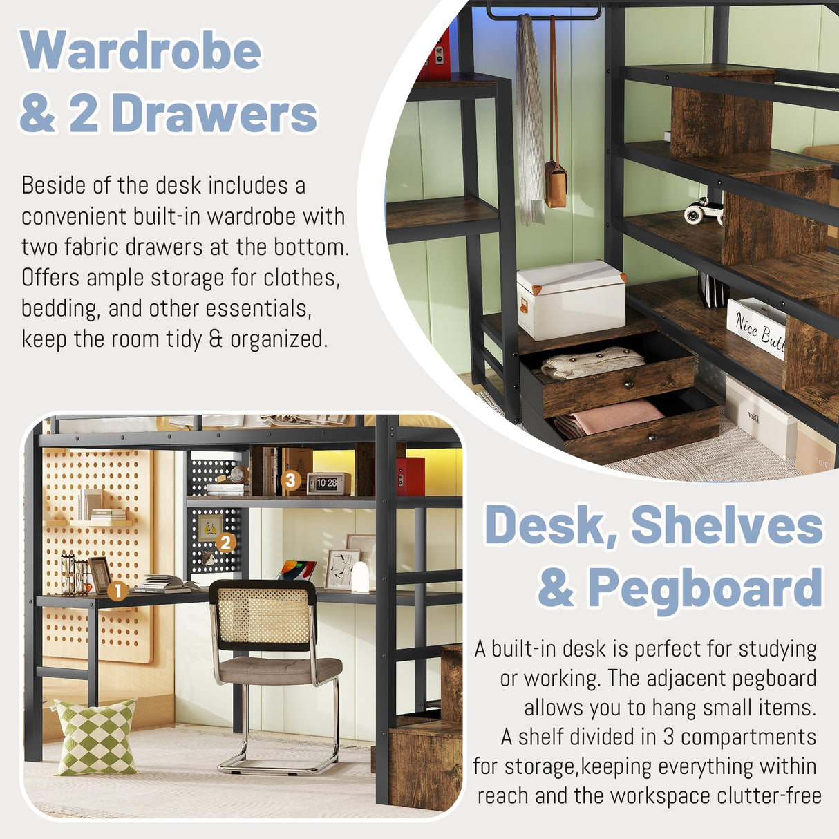 MoproBeti Full Size Loft Bed with Desk and Stairs,Metal Gaming Loft Bed with LED,Charging Station, High Loft Bed Full with Storage Shelves,Wardrobe and Drawers for Kids Teens, Adults, Black MoproBeti