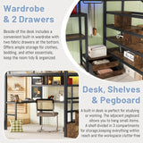 MoproBeti Full Size Loft Bed with Desk and Stairs,Metal Gaming Loft Bed with LED,Charging Station, High Loft Bed Full with Storage Shelves,Wardrobe and Drawers for Kids Teens, Adults, Black MoproBeti