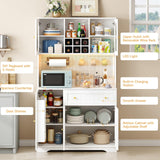 ONBRILL 71" Pantry Storage Cabinet with Microwave Shelf & Door Shelves, Kitchen Wood Pantry with Outlet & LED Light, Kitchen Hutch with DIY Pegboard & 6 Hook, Modern Cabinet with Drawer & Wine Rack ONBRILL