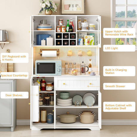 ONBRILL 71" Pantry Storage Cabinet with Microwave Shelf & Door Shelves, Kitchen Wood Pantry with Outlet & LED Light, Kitchen Hutch with DIY Pegboard & 6 Hook, Modern Cabinet with Drawer & Wine Rack ONBRILL