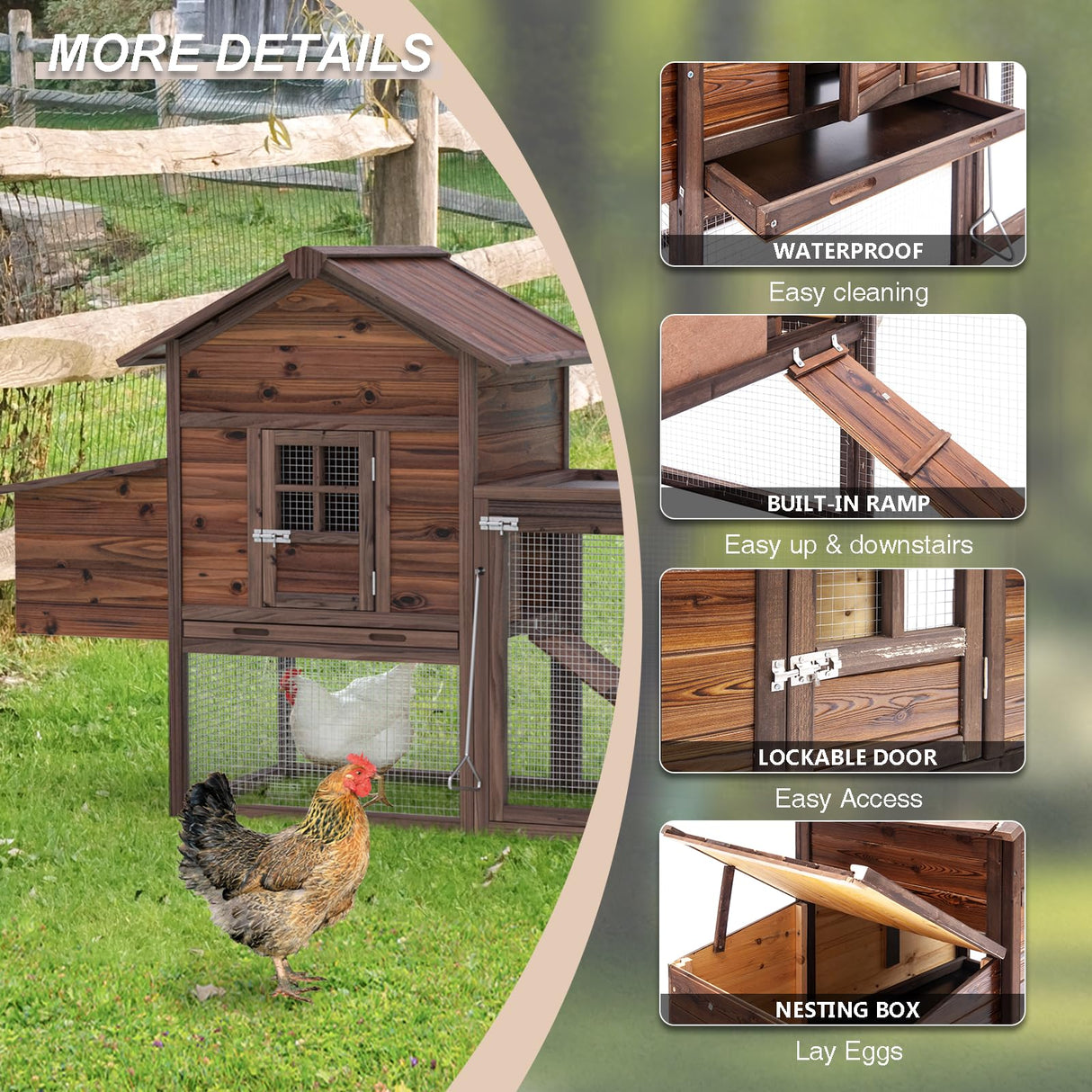 Wooden Chicken Coop Large Walk-in Outdoor Hen House with Nesting Box and Run,Poultry Cage Rabbit Hutch Waterproof UV Panel Cover for 2-4 Chickens 80''H Deep Brown #821 (160" L x 21" W x 44" H) Grezone