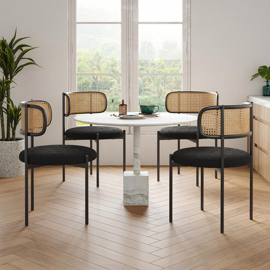 Farini Modern Upholstered Dining Chairs Set of 4,Rattan Back Dining Room Chairs,Accent Kitchen Chairs with Metal Legs,Black - WoodArtSupply