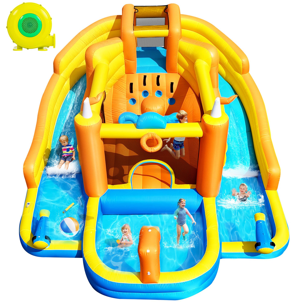 BOWTHY Ultra Inflatable Bounce House Water Slide,15x13FT Mega Water Park with Dual Slides,750W Blower,Climbing Wall,Splash Pool,Basket-Rim,Water Cannon,Great Party Gift for Kids Backyard BOWTHY
