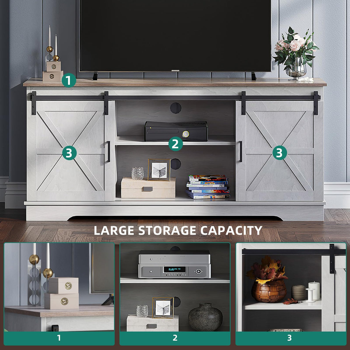 YITAHOME Farmhouse TV Stand for 65 Inch Television Stand, Entertainment Center with Storage Cabinets and Sliding Barn Doors, Rustic Media TV Console Table for Living Room, Grey White/Grey Wash YITAHOME