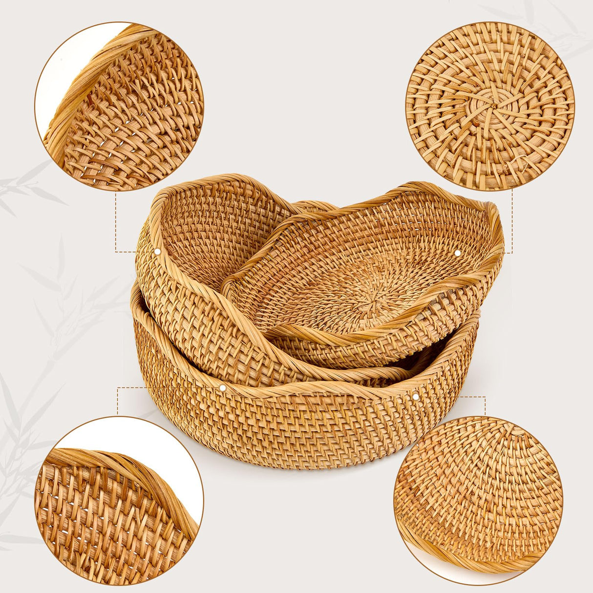 3 Pack Natural Rattan Round Fruit Basket Bowls,Rattan Bread Basket,Woven Serving Basket Bowls,Organizing Handmade Rattan Storage Baskets for Kitchen, Home, set of 3 Size JINSHIYANG