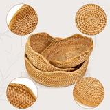 3 Pack Natural Rattan Round Fruit Basket Bowls,Rattan Bread Basket,Woven Serving Basket Bowls,Organizing Handmade Rattan Storage Baskets for Kitchen, Home, set of 3 Size JINSHIYANG