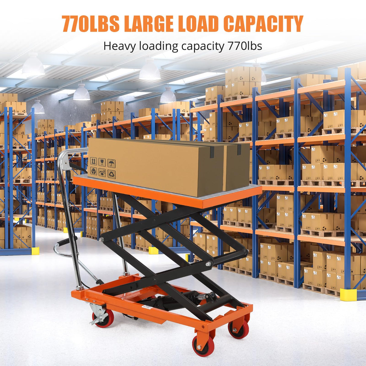 JustSmart Double Scissor Hydraulic Lift Table Cart 770 LBS Capacity 59" Height, Manual Elevating Cart for Material Handling and Transportation with 4 Wheels and Non-Slip Pad, Orange JustSmart