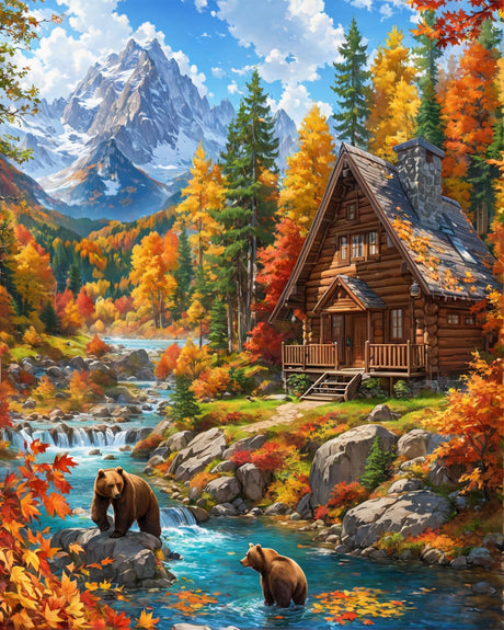 Mountain Paint By Numbers Kit For Adults Cabin Adult Paint By Number Kits On Canvas Bear Village Oil Painting Kit For Beginners Adults' Paint-By-Number Kits For Gift Home Wall Decor 16x20 Inch Lovepefe