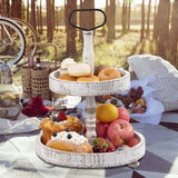 Farmhouse Two Tiered Wooden Tray Stand, UBTKEY 2 Tier Wood Round Decorative Tray with Metal Handle for Home Kitchen Seasonal Holiday Decorations, 17"x13" (Distressed White) UBTKEY