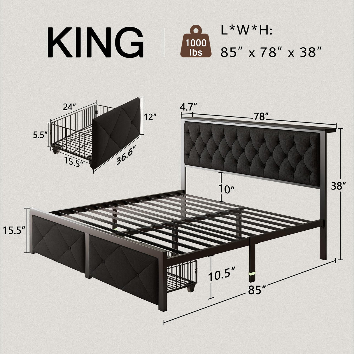 Einhomn King Size Bed Frame with 2 Storage Drawers, Metal Platform Bed with Charging Station, Upholstered Button Tufted Storage Headboard, No Box Spring Needed, Noise-Free, Easy Assembly, Black Einhomn