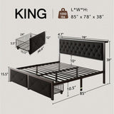 Einhomn King Size Bed Frame with 2 Storage Drawers, Metal Platform Bed with Charging Station, Upholstered Button Tufted Storage Headboard, No Box Spring Needed, Noise-Free, Easy Assembly, Black Einhomn