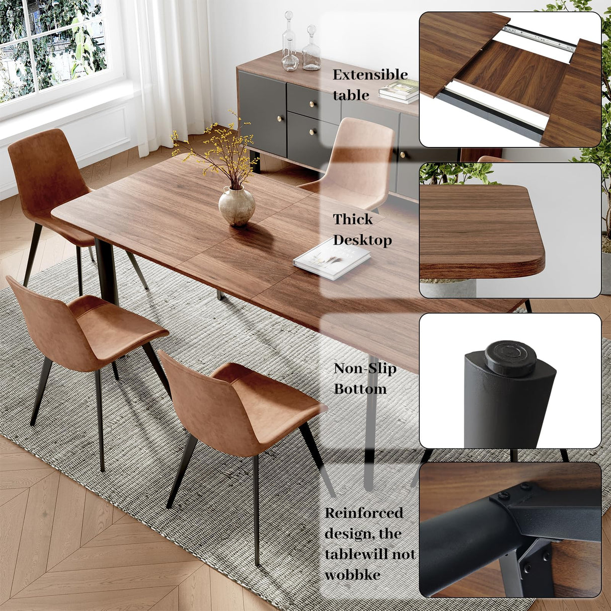 HIPIHOM 63"- 78.7" Extendable Dining Table Set for 6, Modern Kitchen Table with 6 Dining Chairs, Thickened Expandable Wooden Table with Metal Legs for Dining Room, Kitchen HIPIHOM