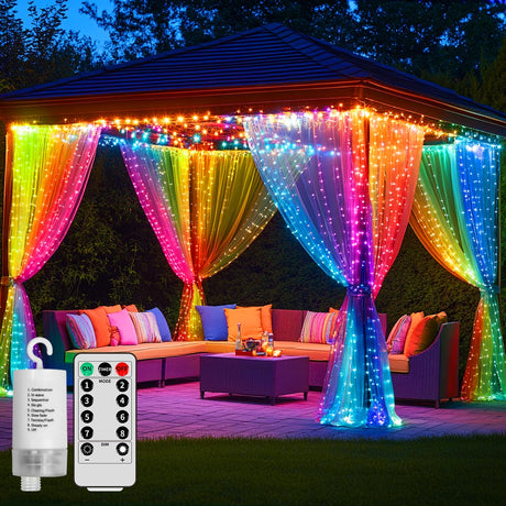 Curtain Lights Battery Operated 10x10Ft 300LED Waterproof Waterfall Light with 8 Modes Remote Dimmable Timer Memory Twinkle Fairy String Lights for Outdoor Indoor Gazebo Wedding Pergola Patio Bedroom QLIRJAD