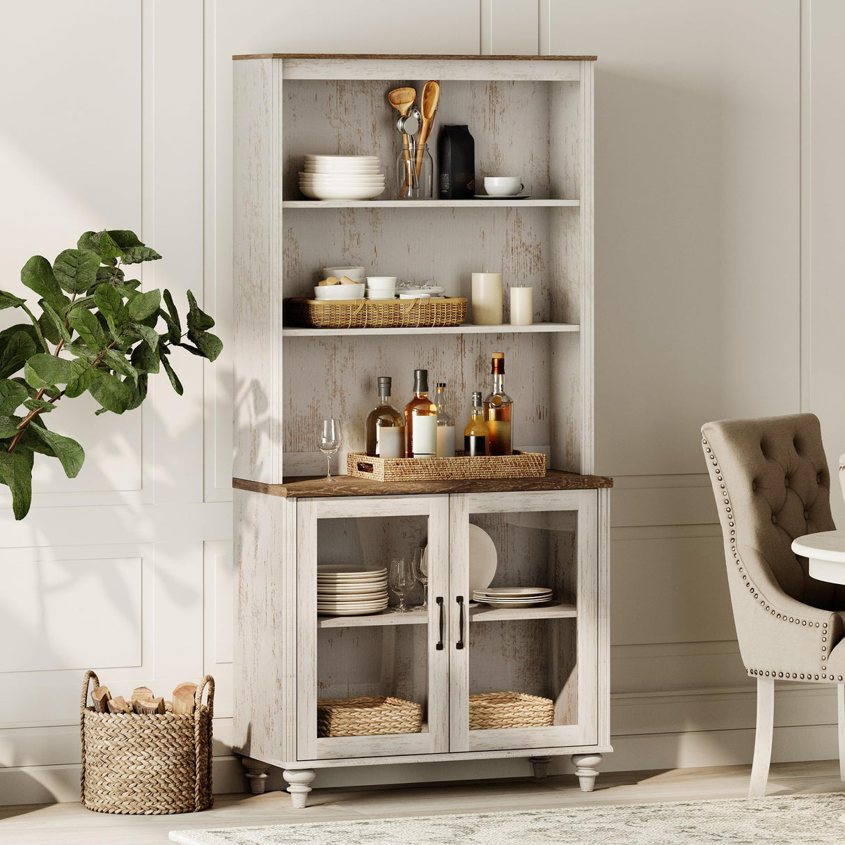 WAMPAT 5 Tier Bookshelf 72" Tall Bookcase with Glass Doors,Large Farmhouse Display Book Shelf with Adjustable Shelves and Storage Cabinet,Library Wood Bookshelves for Living Room,Kitchen, Rustic White WAMPAT