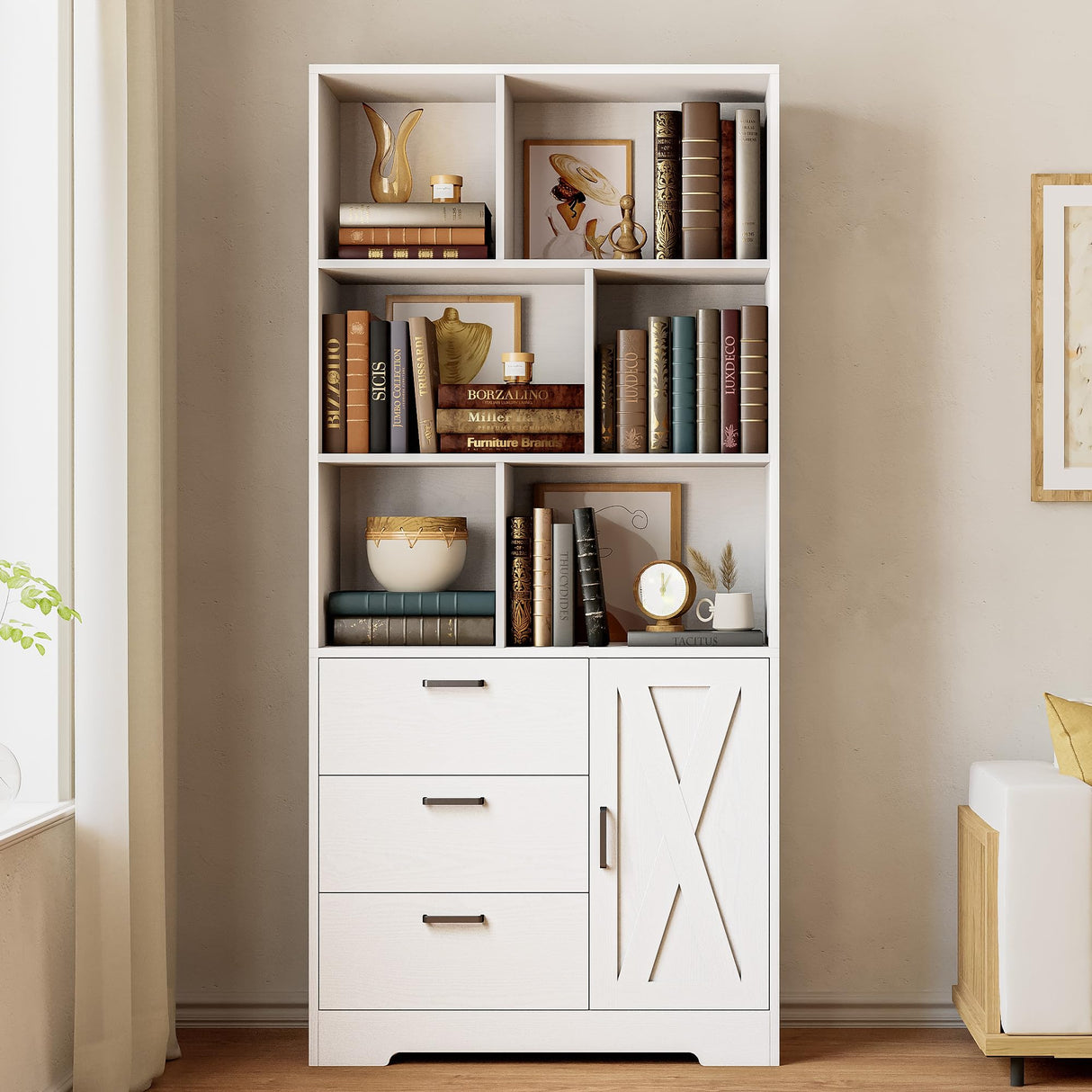 IRONCK Bookshelf with Drawers, 70.9 inch Tall Bookcase with Doors, Bookshelves and Bookcases with Storage, Bookshelf with 6 Open Cubes for Home Office, Living Room, Study, White IRONCK