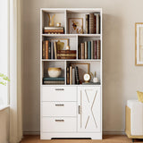 IRONCK Bookshelf with Drawers, 70.9 inch Tall Bookcase with Doors, Bookshelves and Bookcases with Storage, Bookshelf with 6 Open Cubes for Home Office, Living Room, Study, White IRONCK