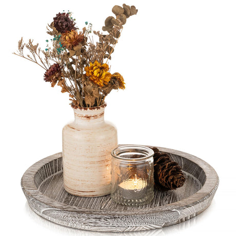 Wooden Decorative Tray Candle Holder: Romadedi Round Wood Tray Home Decor, Whitewash Rustic Trays for Farmhouse Dinning Table Kitchen Countertop Coffee Table Wedding Centerpiece, 11inch, Size L Romadedi