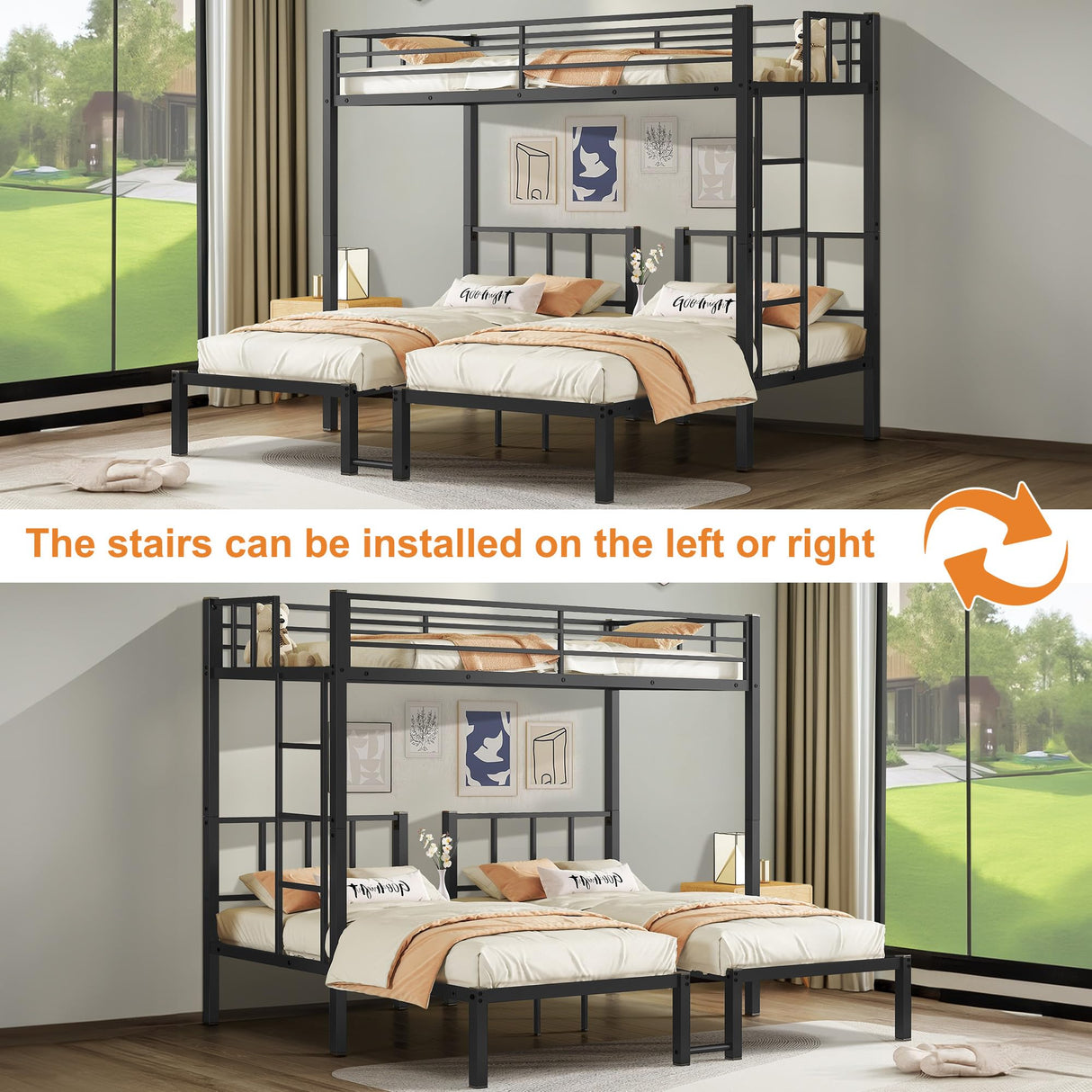 EYATZO Heavy Duty Triple Bunk Bed for Kids, Twin Over Twin Over Twin Bunk Bed, Metal 3 Bed Bunk Beds for Teens and Adults, No Box Spring Needed, Black EYATZO