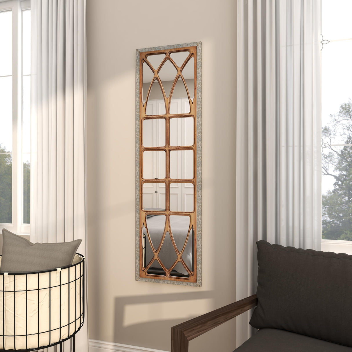 Deco 79 Wood Room Wall Mirror Window Pane Inspired Entryway Mirror, Wall Mounted Mirror 15" x 1" x 52", Brown Deco 79