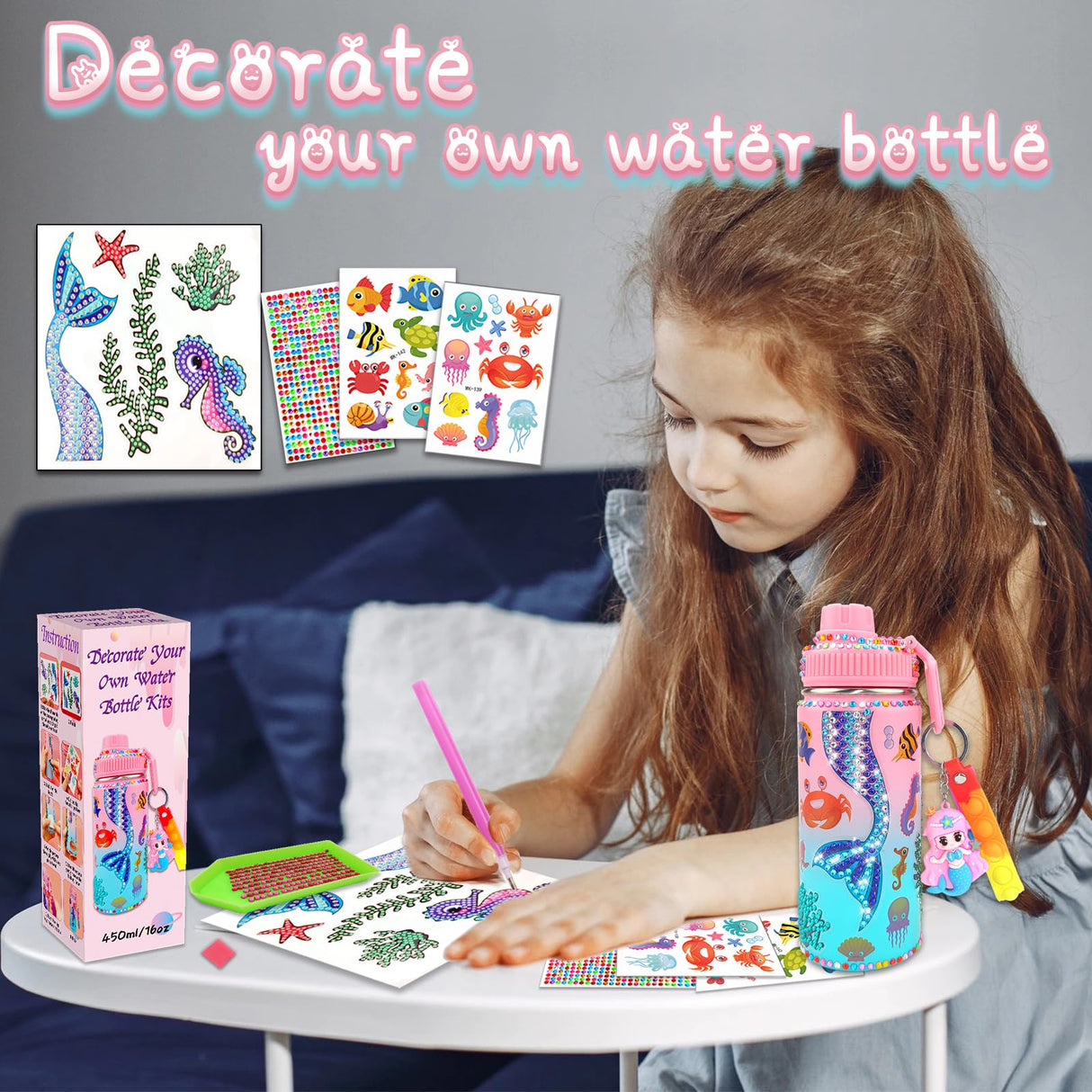 7july Decorate Your Own Water Bottle Kits for Girls Age 4-6-8-10 (Stainless Steel),Mermaid Themed Painting Crafts,Fun Arts and Crafts Gifts Toys for Girls Birthday Christmas 7july