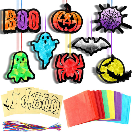 Eersida 32 Pcs Halloween Suncatchers Paper Craft Set DIY Ghost Pumpkin Spider Shaped Stained Glass Tissue Paper Kits Bulk for Window Classroom Activities Art Halloween Party Decorations Favors Gift Eersida