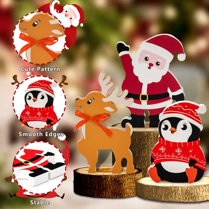 Fashlits 6 Pcs Christmas Snowman Wooden Decorations Indoor, Cute Winter Wood Table Sign with Snowman Penguin Elk Santa Claus for Xmas Party Home Office Shelf Decor