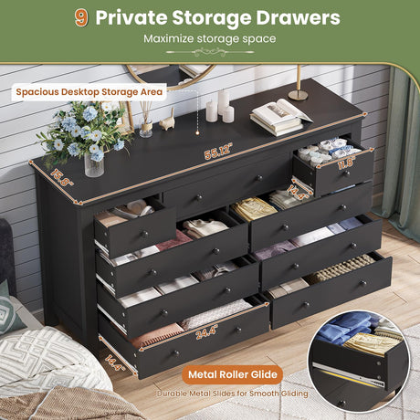 Hasuit Black Dresser for Bedroom with 9 Drawers, Modern 55.1" Long Dressers Chest of Drawer with Large Drawers, Large Capacity Storage Organizer Cabinet, Wide Dresser for Bedroom, Living Room, Hallway Hasuit