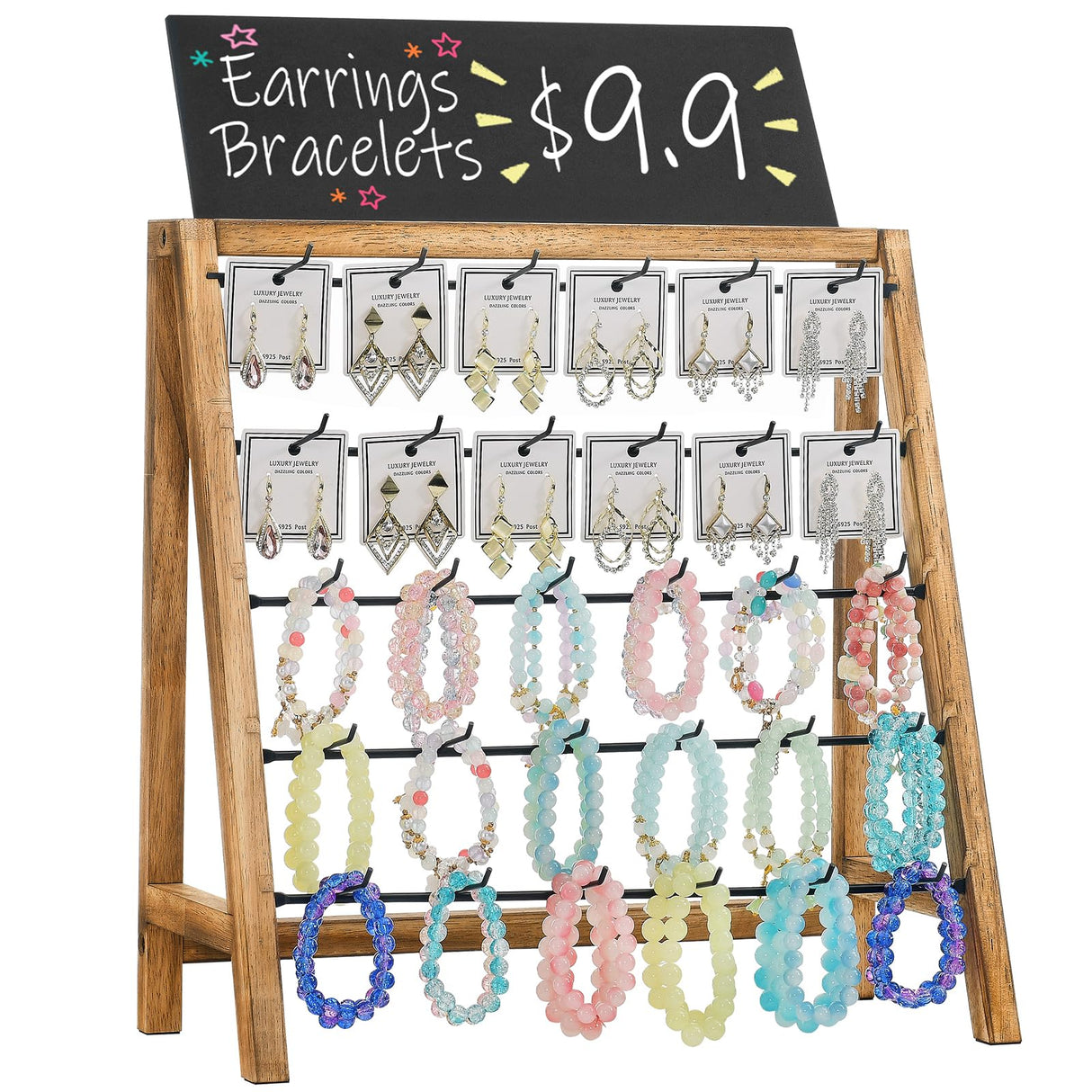 Poyilooo Jewelry Display for Vendors Selling, Wood Earring Bracelet Keychain Display for Vendors with Adversitsing Board 30 Hooks, Large Capacity Jewelry Holder Display Stands Rack for Earring Card Poyilooo