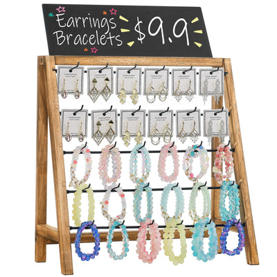Poyilooo Jewelry Display for Vendors Selling, Wood Earring Bracelet Keychain Display for Vendors with Adversitsing Board 30 Hooks, Large Capacity Jewelry Holder Display Stands Rack for Earring Card
