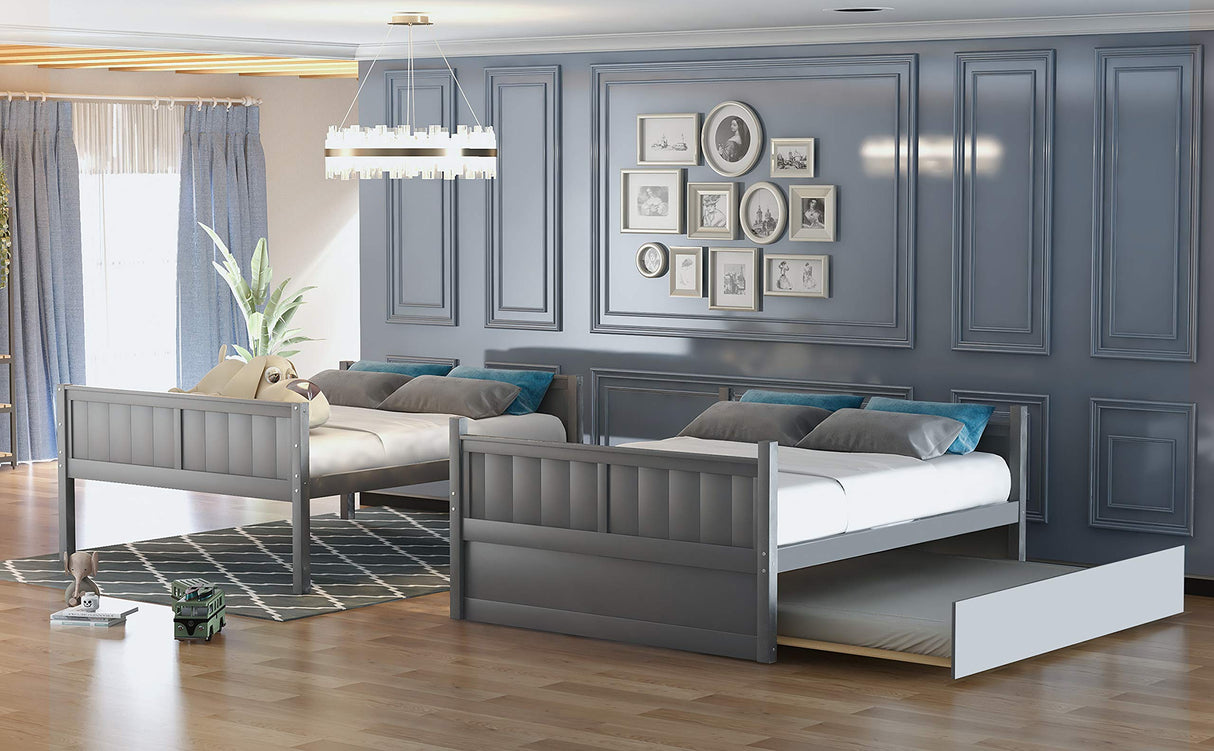 KLMM Full Over Full Bunk Bed with Trundle, Solid Wood Bunk Bed with Ladder and Safety Guard Rail, Can Accommodate 5 Person, Apply to Bedroom/Dormitory (Gray) KLMM